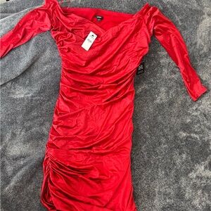 Express Red Ruched Bodycon Dress with Long Cuffed Sleeves with stretch